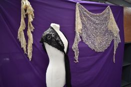 Two lace and tulle Victorian fichus/ shawls and a length of lawn cotton with lace detail.