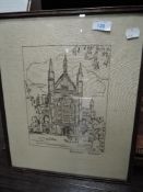 A mid 20th century embroidered panel, Winchester Cathedral, within a slender oak frame, under