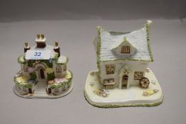 Two miniature ceramic cottages by Coal port including Crooked cottage and Keepers cottage