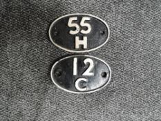 Two Cast Metal Shed Plates, 55H and 12C, both in black with white lettering and border