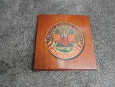 A Coat of Arms on mahogany board, Furness Railway Company Cavendo Tutus 35cm x 35cm