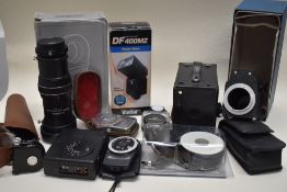 A selection of photographic equipment including Universal bellows, flash, slide duplicator etc