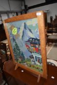 A vintage golden oak fire screen