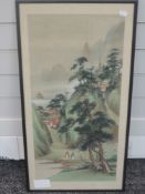 Japanese School (20th century), fabric print, landscape, 66 x 31cm , mounted framed and glazed, 75 x