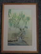 FM (20th century), a watercolour, waterfall, initialled, 50 x 33cm , mounted framed and glazed, 69 x