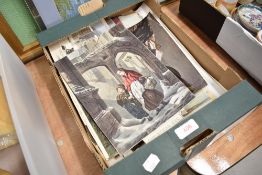 A collection of Victorian decoupage prints, also some mid century black and white photographs