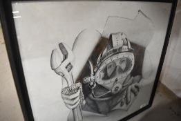 An original pen and ink sketch of a diver
