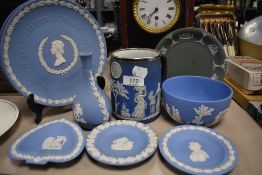 A selection of Jasper ware ceramics by Wedgwood including bowl and Hm silver rim mug