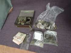 A collection of GB Coins and World Coins and Banknotes plus GB Tokens, includes USA 1828 Half