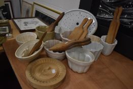 A good selection of kitchen jelly and similar ceramic food moulds also five sets of beech wood