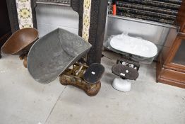 Three sets of Avery shop counter weighing scales