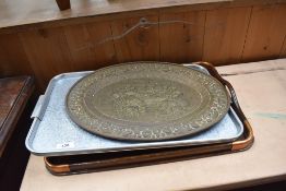 Three vintage trays, stainless steel, brass and oak with copper reinforcing