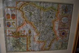 Antique Map. Derbyshire [Darbieshire]. Later colouring. Framed and glazed. Text on reverse. (1)