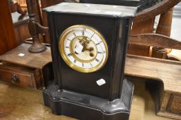 A Victorian black slate mantel clock, dial name worn, possibly Hall, Manchester
