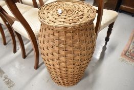 A wicker laundry basket