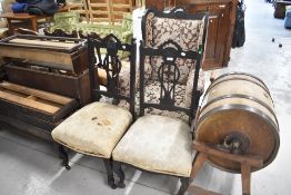 A late Victorian armchair and two similar dining/salon chairs