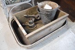 A selection of miscellaneous including small zinc buckets, parts trough etc