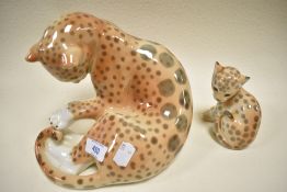 A USSR Lomonosov figure of a large leopard and cub both bearing mark to base
