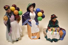Three Royal Doulton figurines including Biddy Penny Farthing HN1843, Balloon lady HN2935 and Silks