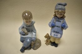 Two Nao figurines, young boy with bunny, and young girl with puppy.
