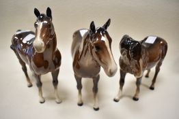 Three early Beswick studies all having two holes under belly, Bois Roussel 701, Mare facing left 976