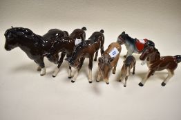 A collection of Beswick and similar ponies, to include Shetland foal and donkey.