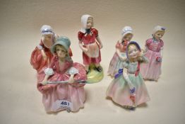 Six Royal Doulton figurines including Tootles, Babie, Tinkle Bell, Goody two shoes, Jill and Bo