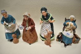 Four Royal Doulton figures, Old Mother Hubbard HN2314, Nanny HN2221, Teatime HN2255, and the