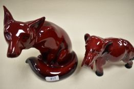 Two Royal Doulton flambe studies, Fox AF, and a smaller elephant.