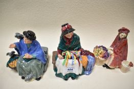 Three Royal Doulton figures including Bonnie Lassie HN1626 AF, Tuppencea bag HN2320, and Silks and