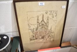 A mid 20th century embroidered panel, Winchester Cathedral, within a slender oak frame, under