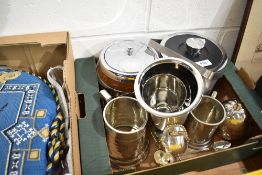A selection of silver plated and metal wares including oak case biscuit barrell