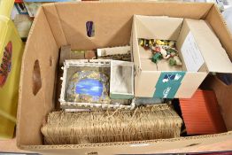 A box of hand made wooden Farmyard Buildings along with a small collection of Elastolin animals