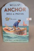 A vintage card advertising sign for Will's Anchor roll and pig tail with image of sailor