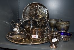A fine silver plated part tea service and two ecclesiastical styled communion cups