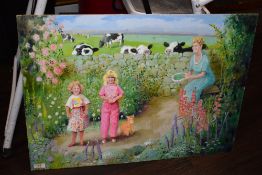 An original gouache painting of a garden scene