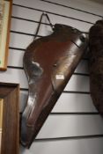 A European design bow and arrow quiver having leather body with brass and copper worked case
