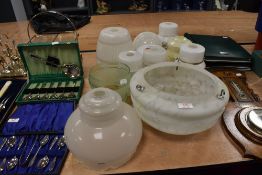 A good collection of art deco and later glass light and lamp shades including fly catcher