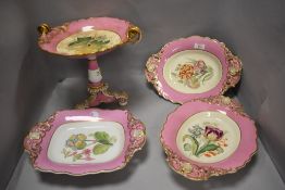Three Copeland dishes and a tazza, having pink and white ground with gilt detailing an hand