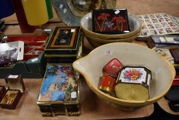 Three vintage farm house style mixing bowls and a selection of collectable tins