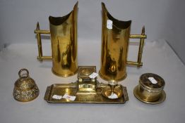 An art nouveau desk top ink well and tidy with two trench art ammunition shells etc
