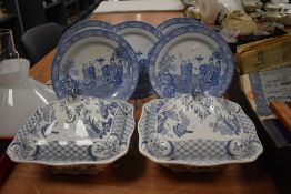 A set of five chinoiserie pattern plates by Stoke on Trent and two tureens by Old Chelsea