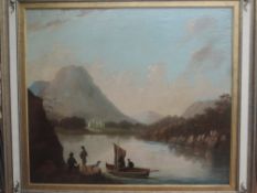 (19th century), an oil painting, naive, Lakes landscape, 65 x 75cm, re-lined/framed , 83 x 93cm