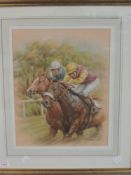 Ostoya, (20th century), a pastel sketch, horses and jockeys , signed, 34 x 28cm, mounted framed