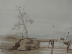Hutchinson,(19th century), attributed to, a watercolour, man and dog crossing river, 16 x 22cm,