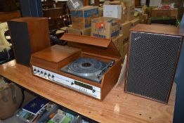 A vintage hacker radiogram and speakers, tribune model, having Goldring Lenco GL75 turntable