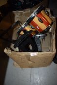 A selection of percussion items including kick drum pedals