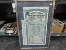 An early 20th century framed Chinese Republic Period Railway Bond, 5% Gold Loan of 1913 Lung-Tsing-