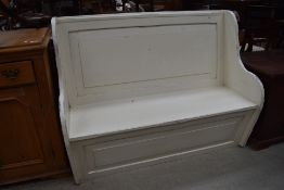 A painted pine settle/pew style bench , width approx. 130cm