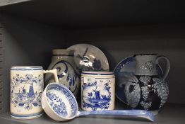 A selection of European pottery including Delft , Copenhagen plate and German Weinkrug